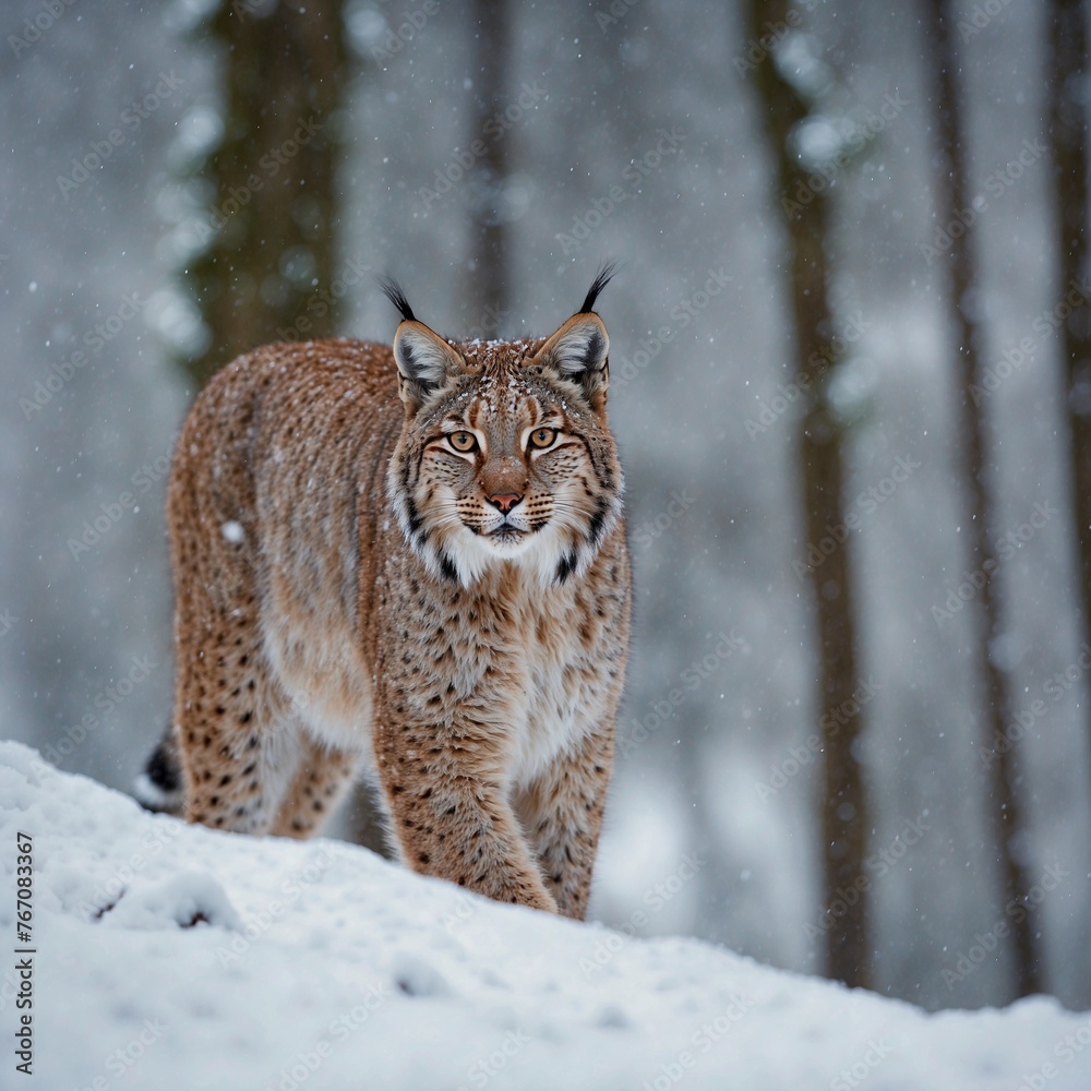 Eurasian lynx walking on snow. Eurasian lynx walking on snow.