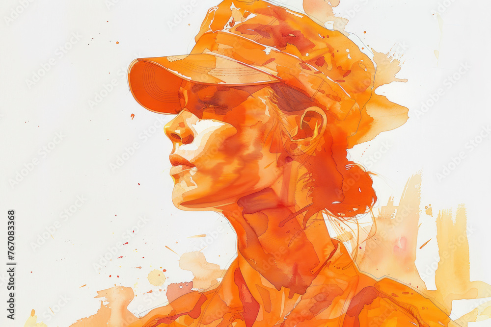 Orange watercolor painting of a military personnel, army woman - obrazy, fototapety, plakaty 