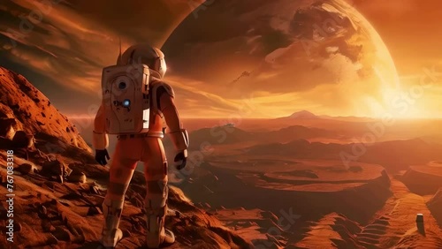 An astronaut in an orange space suit standing on the surface of Mars, overlooking a vast red desert landscape with mountains and valleys far away