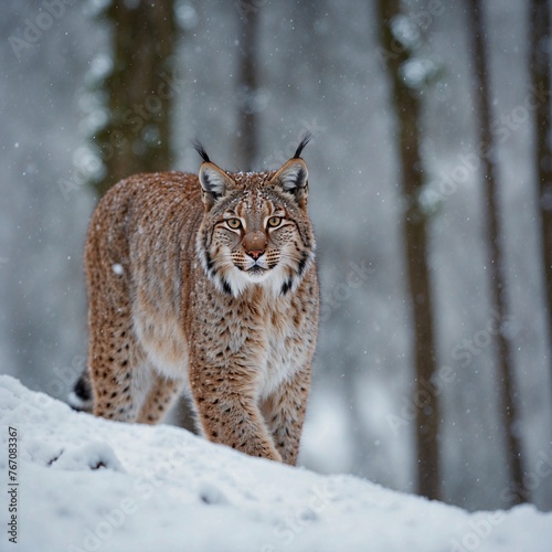 Eurasian lynx walking on snow. © MD SHIPON