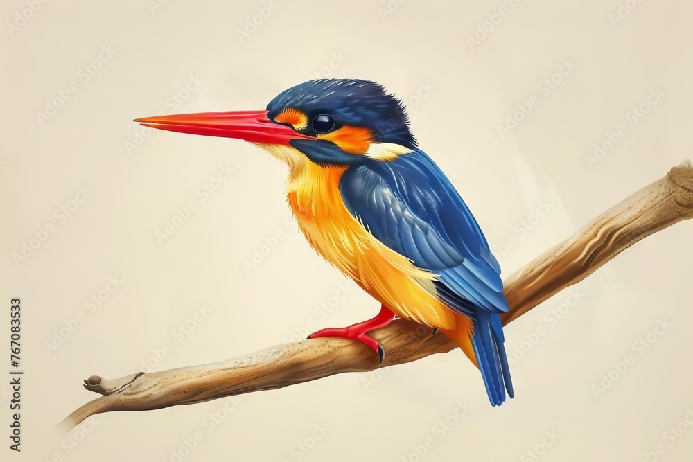 Elegant black-capped kingfisher perched on branch, realistic bird illustration
