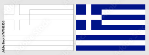 Greece flag - coloring page. Set of white wireframe thin black outline flag and original colored flag.