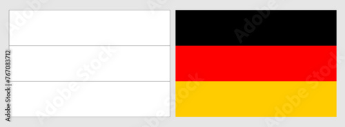Germany flag - coloring page. Set of white wireframe thin black outline flag and original colored flag.