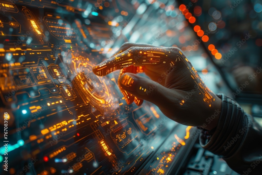 A user interacts with a futuristic holographic interface, where digital ...