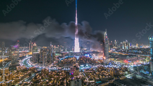 Dubai Burj Khalifa before New Year 2016 fireworks celebration timelapse and the Fire accident at Dubai, UAE. photo