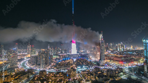 Photography Dubai Burj Khalifa New Year fireworks celebration timelapse and the Fire accident at Dubai, UAE