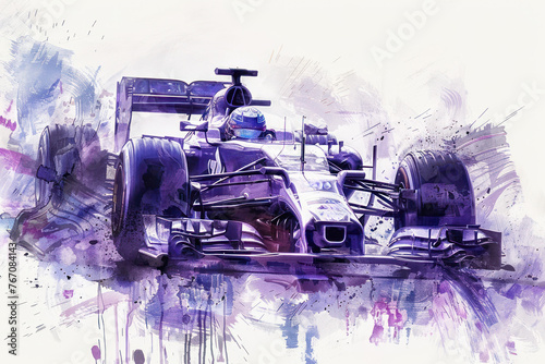 Purple watercolor painting of sport car racing in formula 1 competition