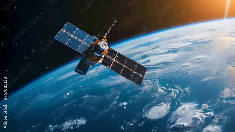 A satellite orbits above the earth, with Earth's horizon visible below and space overhead with the sun shines on one side of the planet