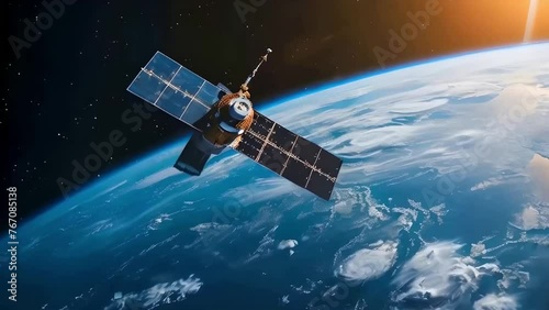 A satellite orbits above the earth, with Earth's horizon visible below and space overhead with the sun shines on one side of the planet