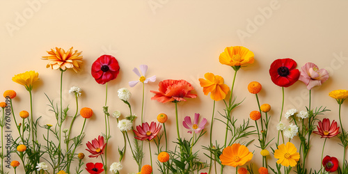 Macro image, shallow depth of field, Minimal styled concept, Colourful handmade paper flowers on light blue background with copyspace in the center, copy space flower, Generative Ai