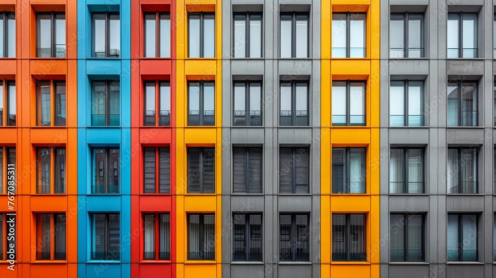 An office building adorned with a rainbow theme, showcasing vibrant colors across its facade  