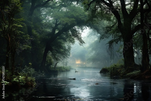 Mystical Forest River with Ethereal Light.  © kmmind