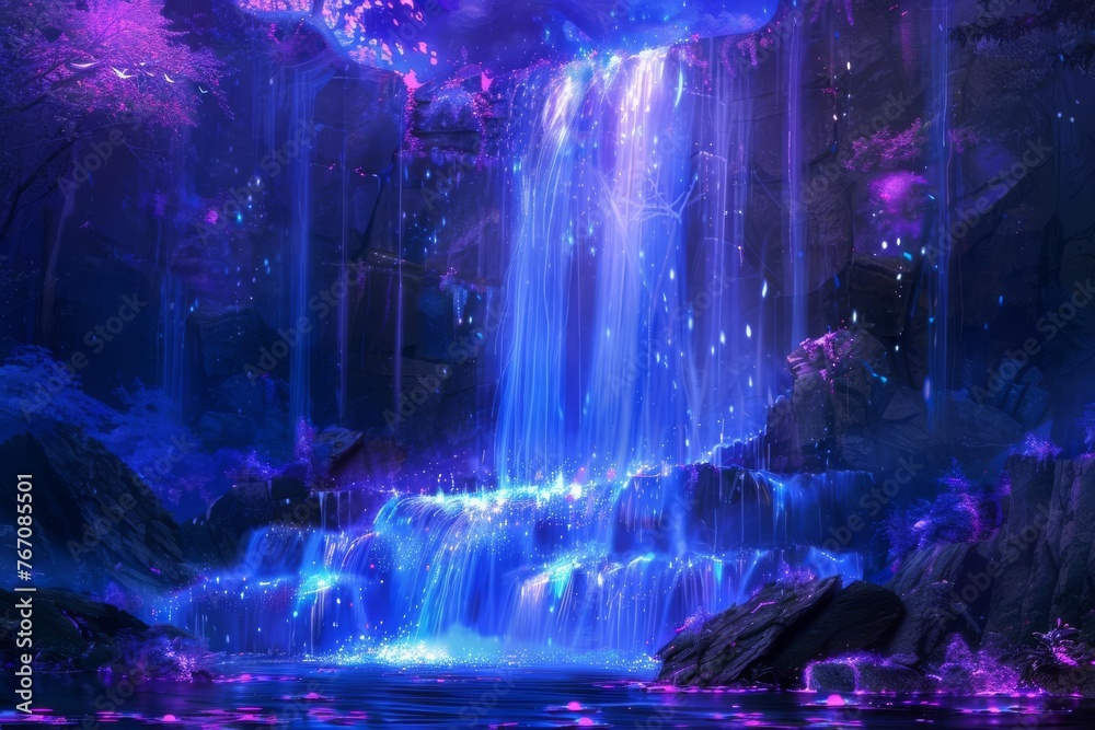 Enchanting Cascades of Luminous Crystals, Soothing Melodies Echoing in Ethereal Realm, Mesmerizing Fantasy Waterfall Concept Illustration