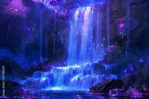 Enchanting Cascades of Luminous Crystals, Soothing Melodies Echoing in Ethereal Realm, Mesmerizing Fantasy Waterfall Concept Illustration