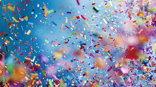 Colorful confetti falling on a blue background. The confetti is in various shapes and colors, and is falling in a random pattern.