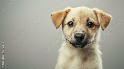 An adorable puppy with big brown eyes and a wet black nose sits on a white background.