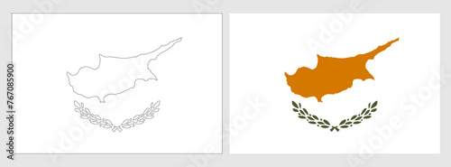 Cyprus flag - coloring page. Set of white wireframe thin black outline flag and original colored flag.