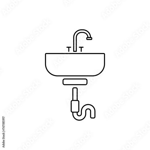 Washbasin linear editable vector icon. Outline of a hand washer vector logo. Interior bathroom furniture vector. Simple style hand wash basin.