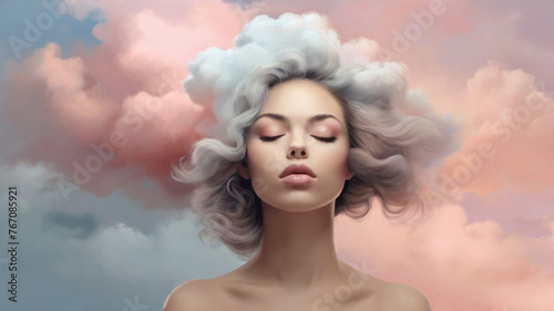 Portrait of young woman with head in the clouds