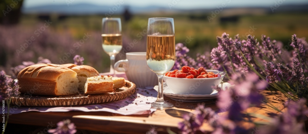 Two glasses of white wine and bread on a table in lavender field