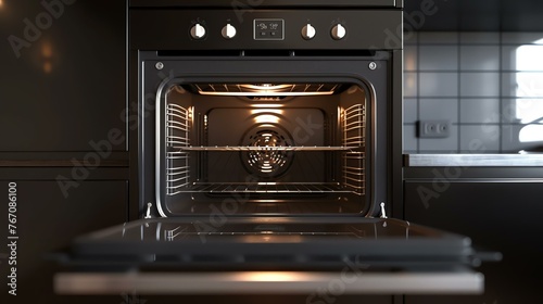 The image is of a black oven with a glass door. The oven is open and the light is on inside. The oven is sitting on a black counter.