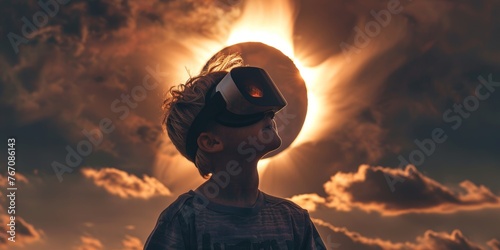 photograph showing a person viewing an eclipse with awe and excitement. The person is wearing protective glasses designed for eclipse viewing. The background features a darkened sky photo