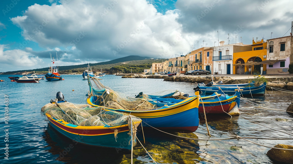 A picturesque scene of a coastal area where fishermen engage in traditional fishing methods, using colorful boats and nets, illustrating the connection between culture and livelihood