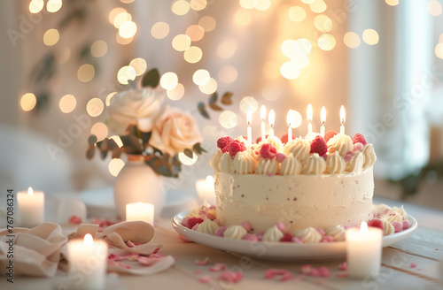 Romantic birthday card with birthday cake with raspberries and candles, placed on an elegant table surrounded by soft candlelight and delicate flowers.  photo