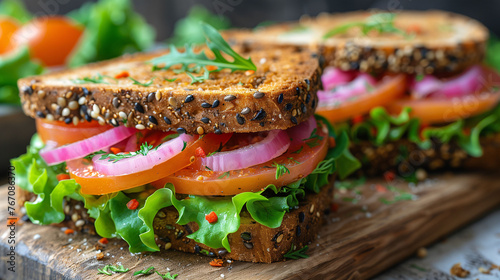 Fresh vegetable sandwich with whole grain bread on a wooden board.
