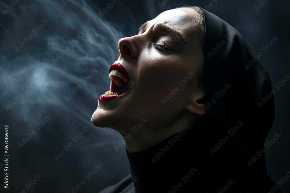 Generative AI picture of monastery sister nun priest cursed possessed with devil crying with blood - obrazy, fototapety, plakaty 