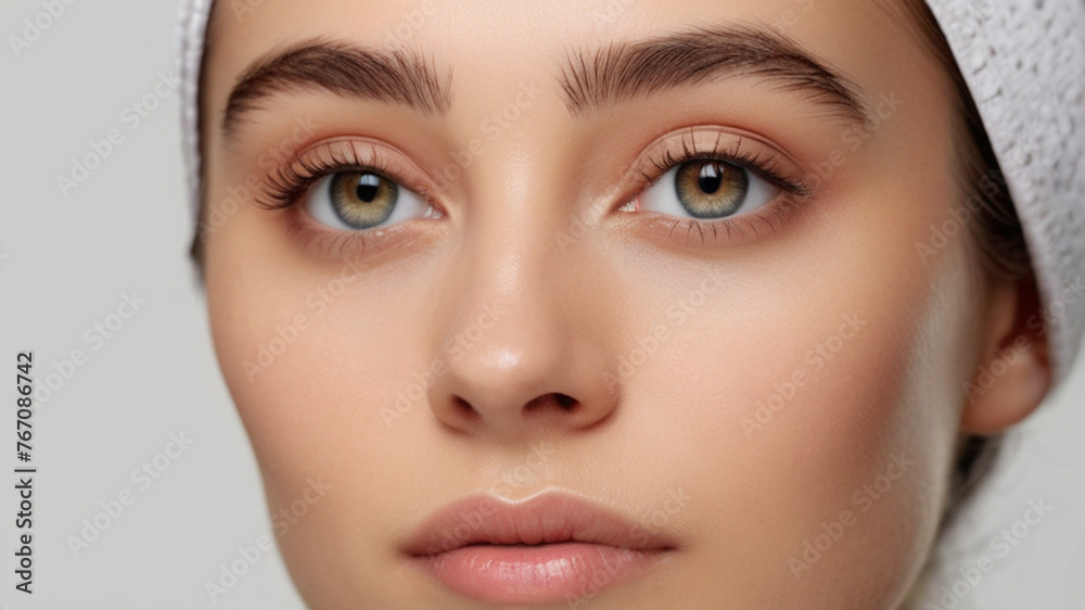  Close up of beautiful woman's green eyes with eyelash and brow lift.