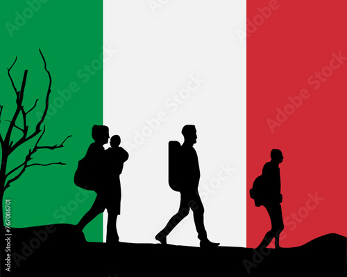 Immigration and refugees front of Italy flag, immigrant and refugee concept