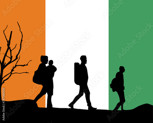 Immigration and refugees front of Ivory Coast flag, immigrant and refugee concept