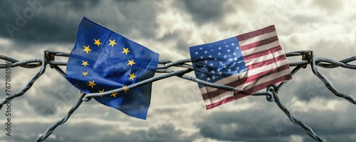 Chained USA and EU flags concept image © Juraj