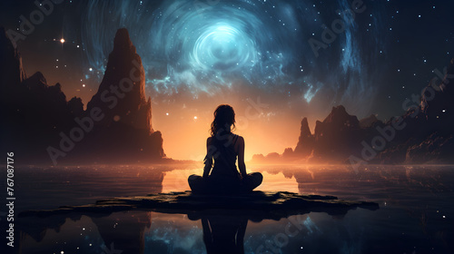 Spirit of the universe silhouette, woman meditating on background of galaxy space, new quality, colorful spirit, mirror reflection, illustration. Meditation and yoga concept