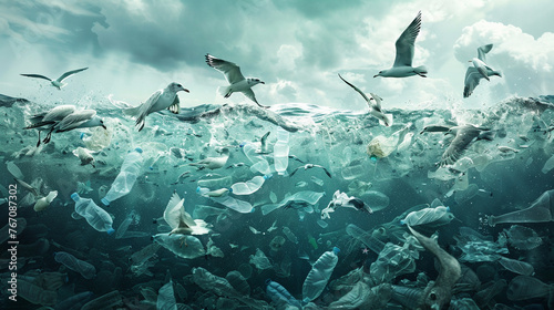 A flock of seabirds struggling to fly amidst plastic pollution in the ocean, illustrating the impact on wildlife. 32K.