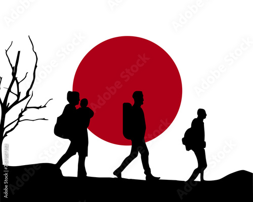 Immigration and refugees front of Japan flag, immigrant and refugee concept