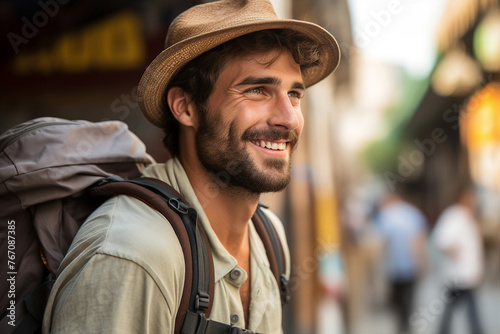 Generative AI photo image of a handsome attractive man enjoying summer vacation summertime outside