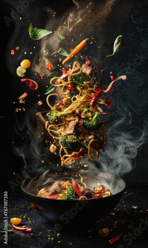 Stir fry meat, vegetables, noodles cooking in wok, flying ingredients. Chinese recipes. Wok preparation ingredients