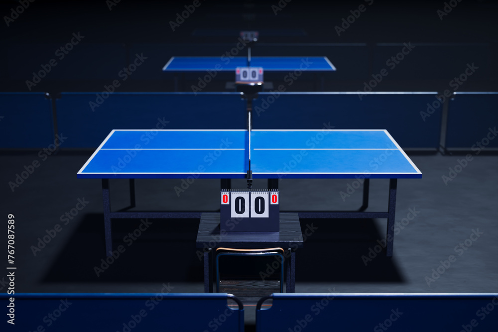 Symmetrical Indoor Ping Pong Table Ready for Professional Match under the Lights