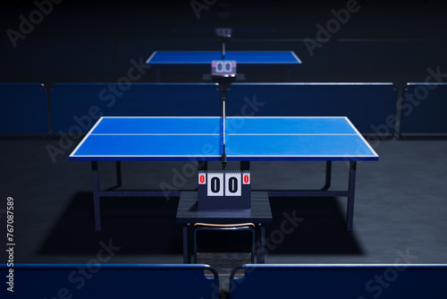 Obraz na płótnie Symmetrical Indoor Ping Pong Table Ready for Professional Match under the Lights w salonie
