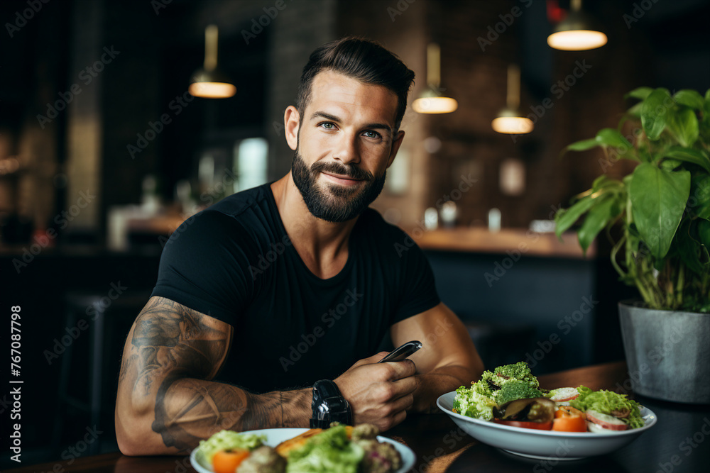 Generated with AI picture of handsome cheerful man in cafe eating tasty vegetables salad Generated with AI picture of handsome cheerful man in cafe eating tasty vegetables salad