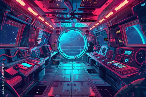 Futuristic Spaceship Interior with Astronauts, Sci-Fi Concept Illustration
