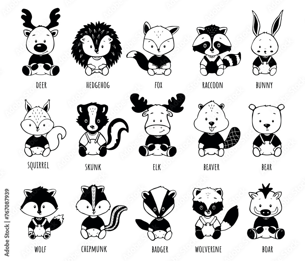 Obraz premium woodland animals vector collection of children's illustrations black white