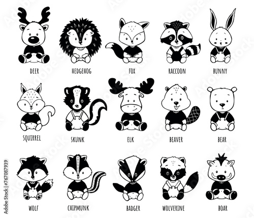 woodland animals vector collection of children's illustrations black white
