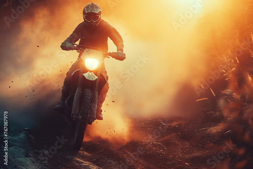 man racer on a sport enduro motorcycle races on dusty road in nature at sunset in summer