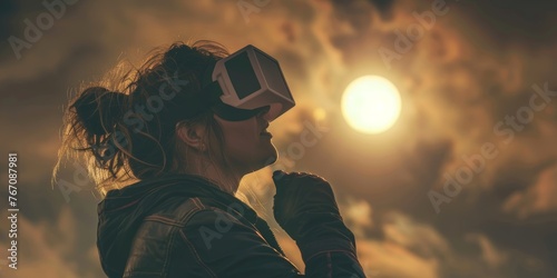 showing a person viewing an eclipse with awe and excitement. The person is wearing protective paper glasses designed for eclipse viewing. The background features a darkened sky photo