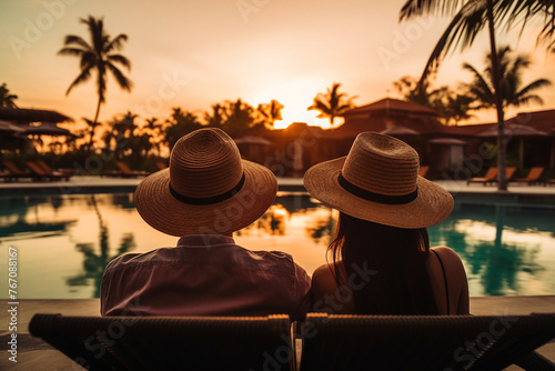 On summer vacation young couple is enjoying by a tropical resort pool generative AI