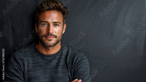 Confident man with stubble posing in a casual grey shirt against a dark background with copy space. photo