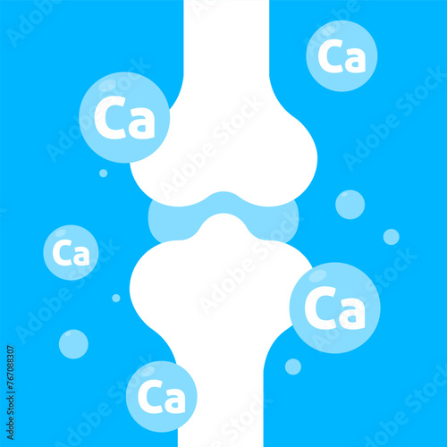 White bone and Calcium Ca. Bone with calcium. Calcium mineral sign. Glossy drop pill capsule. Dietary supplement bone, medical, healthcare concept. Calcium effect, bone strengthening